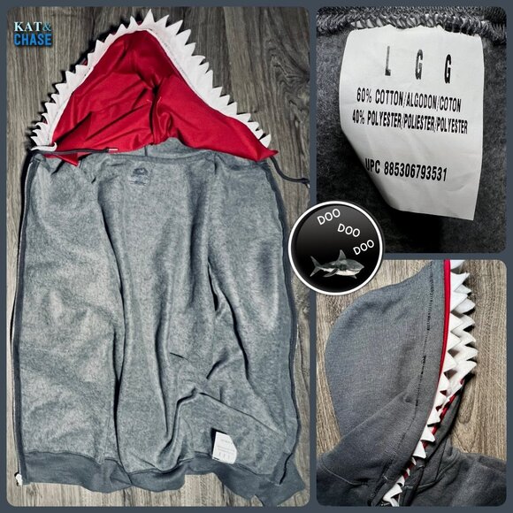 Grey Red Daddy Shark Zip Up Hoodie Mens Large Custom OOAK Father Family Costume - Picture 9 of 12